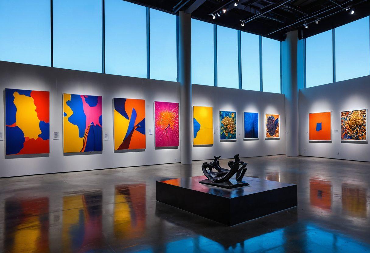 A captivating gallery interior filled with innovative art pieces, including colorful abstract paintings, interactive installations, and sculptures. Light streams through large windows, illuminating the diverse textures and vibrant colors of the artworks. Visitors of different ages and backgrounds are admiring and engaging with the art, creating a lively atmosphere. The scene embodies creativity and inspiration, inviting the viewer to explore the world of aesthetics. super-realistic. vibrant colors. expansive space.