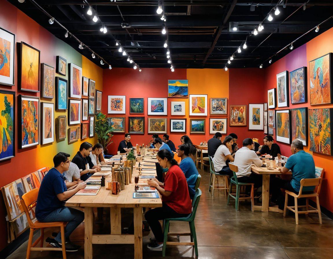 An inviting art space filled with colorful artwork and diverse cultural displays, showcasing a variety of art forms, from traditional paintings to modern installations. Include people of different backgrounds interacting and appreciating the art, surrounded by vivid colors and dynamic textures. Emphasize the warmth and community vibe of the space. vibrant colors. super-realistic. dynamic composition.
