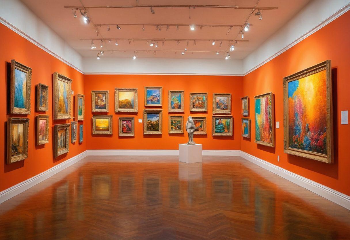 A whimsical art gallery brimming with colorful paintings, sculptures, and lively installations, showcasing a diverse range of artistic expressions. Viewers of all ages are admiring the exhibits, with bursts of laughter and creativity in the air. Soft, warm lighting enhances the vibrant colors of the artworks, inviting exploration and discovery. magical atmosphere. super-realistic. vibrant colors.